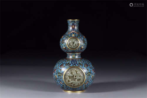 CLOISONNE ENAMELED AND HETIAN JADE INSET DOUBLE GOURD VASE