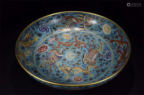 CLOISONNE ENAMEL AND FILIGREE 'DRAGON AND PHOENIX' DISH