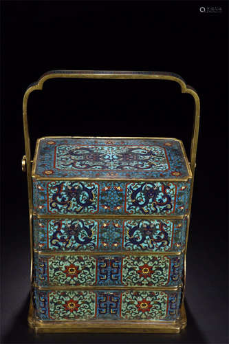 CLOISONNE ENAMELED 'DRAGONS AND VINES' TIERED BOX WITH LIFTING HANDLE