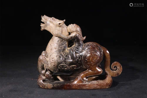 ARCHAIC JADE CARVED 'RIDER AND HORSE' FIGURAL GROUP