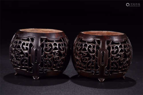 PAIR OF HONGMU OPENWORK CARVED DRUM SHAPED STANDS