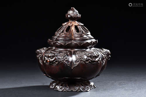 ZITAN WOOD CARVED 'MYTHICAL BEAST' CENSER WITH LID