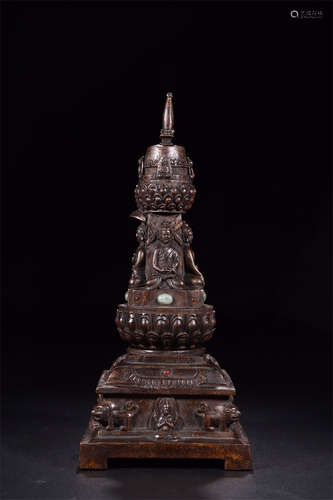 ALOE WOOD CARVED 'BODHISATTVA' PAGODA INSET WITH SEMI-PRECIOUS GEMS