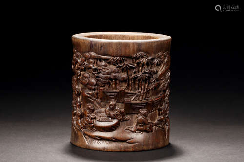 HARDWOOD RELIEF CARVED 'BAMBOO GROVE' BRUSH POT