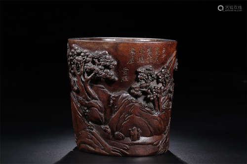 ALOE WOOD CARVED 'LANDSCAPE SCENERY AND CALLIGRAPHY' BRUSH POT