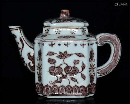 UNDERGLAZED RED 'FLOWERS AND FRUITS' TEAPOT