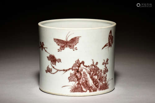 UNDERGLAZED RED 'FLOWERS AND BUTTERFLIES' BRUSH POT