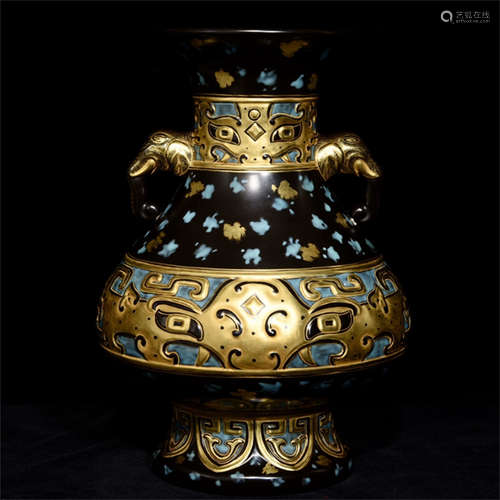 BLACK GLAZED AND GILT 'TAOTIE' VASE WITH ELEPHANT MASK HANDLES