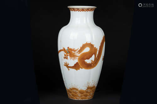 UNDERGLAZED RED AND GILT 'DRAGON' MELON LOBED VASE