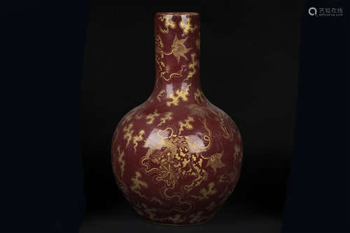 RED GROUND AND GILT 'MYTHICAL BEAST' VASE, TIANQIUPING