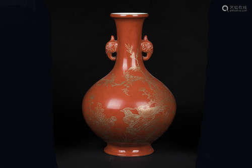 RED GROUND AND GILT 'FLOWERS AND BIRDS' VASE WITH ELEPHANT MASK HANDLES