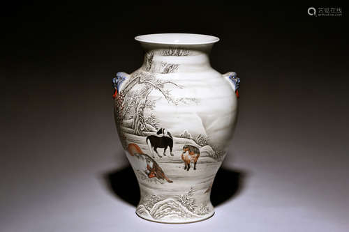 GRISAILLE PAINTED 'HORSES' VASE WITH HANDLES