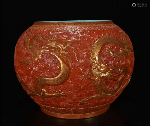 PORCELAIN CARVED 'CINNABAR LACQUER DRAGON' ROUND JAR