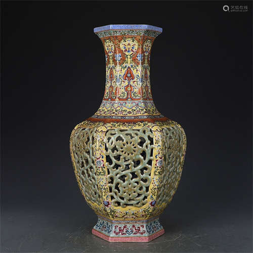 FAMILE ROSE YELLOW GROUND OPENWORK HEXAGONAL VASE