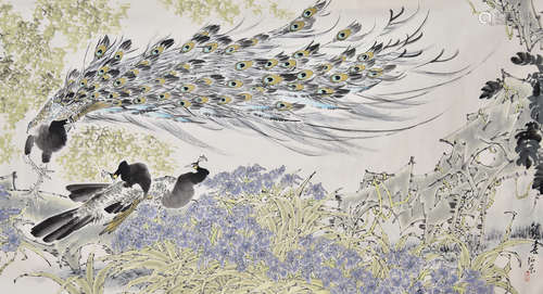 JIN ZHENGDONG: INK AND COLOR ON PAPER PAINTING 'FLOWERS AND PEACOCK'