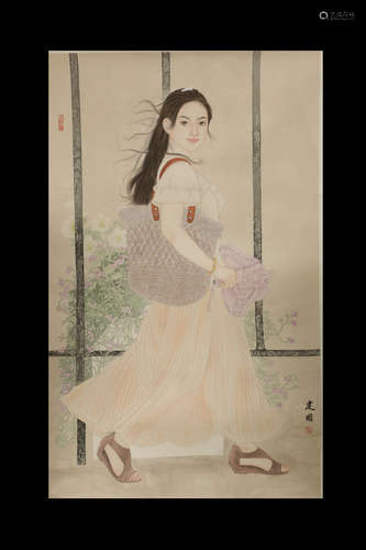 SANG JIANGUO: INK AND COLOR ON PAPER PAINTING 'GIRL'