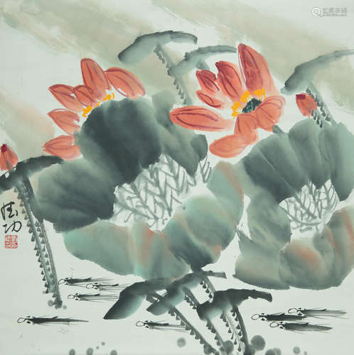 LIU DEGONG: INK AND COLOR ON PAPER PAINTING 'LOTUS FLOWERS'