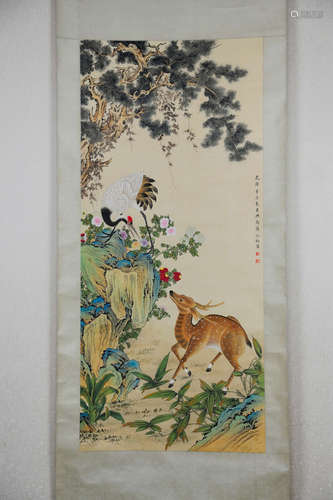 SHEN QUAN: INK AND COLOR ON PAPER PAINTING 'CRANE AND DEER'