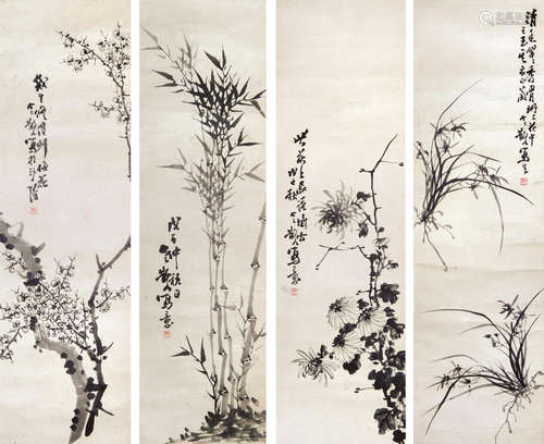 TANG MI: FOUR INK ON PAPER PAINTINGS 'PLUM, ORCHID, BAMBOO, CHRYSANTHEMUM'