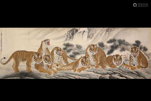 WU DAZHONG: INK AND COLOR ON PAPER HAND SCROLL 'TIGERS'