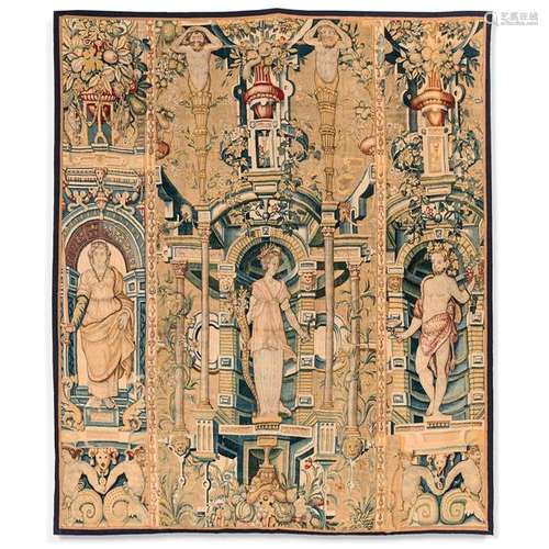 SUMMER CEREALS, WOOL AND SILK WOOL AND SILK WOOL TAPEWORK from the 16th CENTURY WOOL AND SILK. Ceres, Allegory of Summer, grotesque with pergola tapestry, Brussels or Enghien, 3rd-quarter 16th century. HEIGHT : 265 CM - WIDTH : 226 CM - HEIGHT 104 3/8 IN - WIDTH 89 IN.