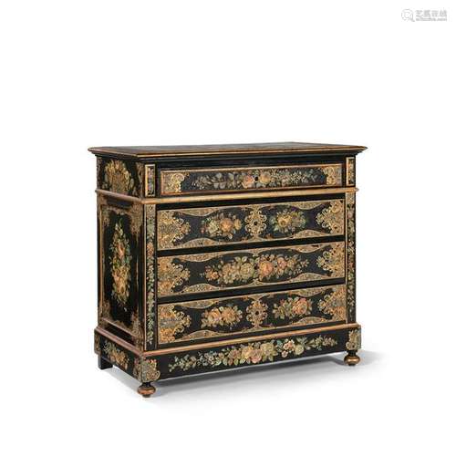 COMMODE, NAPOLEON III ERA with inlaid decoration of black burgundy lacquer and polychrome painting of bouquets of flowers in reserves. It opens with four drawers on four rows in front. Straight uprights, plinth base, front legs in wafer.