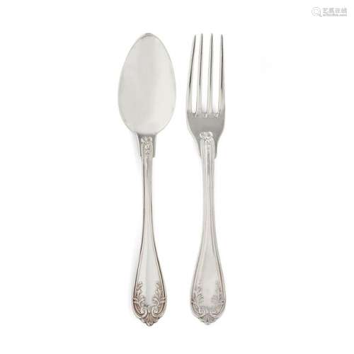 SET OF SILVER CUTLERY COVERS consisting of: 10 spoons and 12 forks for entremets, foliage and monogrammed medallion model, various silversmiths, after 1838