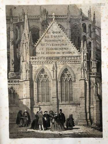 WISMES (BARON DE). MAINE AND ANJOU, HISTORICAL, ARCHAEOLOGICAL AND PICTURESQUE . Nantes, Paris, Forest, Grimaud, (1856-60). 2 vol. in-folio, half basane garnet spotted, back with nerves (Rel. of the time). Original edition decorated with two frontispiece titles and 106 lithographed plates without text, in first edition, executed by Benoist, Leroux, Cicéri, Nanteuil, Rouargue..., text written in collaboration with La Sicotière. Freckles, important on some sheets. Scrubbed backs