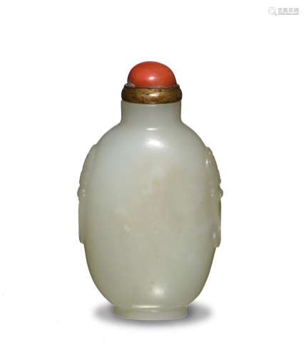 Chinese White Jade Snuff Bottle, 18th C#十八世紀 白玉雙俯獸耳鼻煙壺