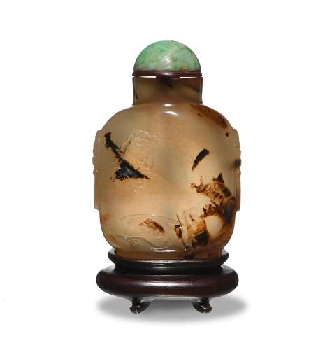 Chinese Agate Snuff Bottle, 18th Century十八世紀 瑪瑙巧色雙俯獸耳鼻煙壺