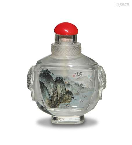 Chi. Inside-Painted Snuff Bottle by Chen Dongshun陳東舜 內畫山水雙俯獸耳鼻煙壺