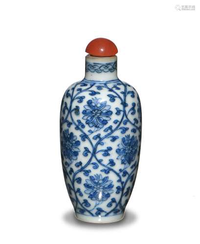 Chinese Blue & White Snuff Bottle, Daoguang Mark清道光 青花纏枝蓮鼻煙壺