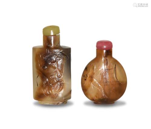 Two Chinese Carved Agate Snuff Bottles, 19th Century十九世紀 瑪瑙巧雕鼻煙壺兩只