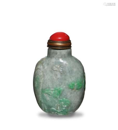 Jadeite Snuff Bottle with Carving of Bamboo, 19th Century十九世紀 翡翠雕竹石鼻煙壺