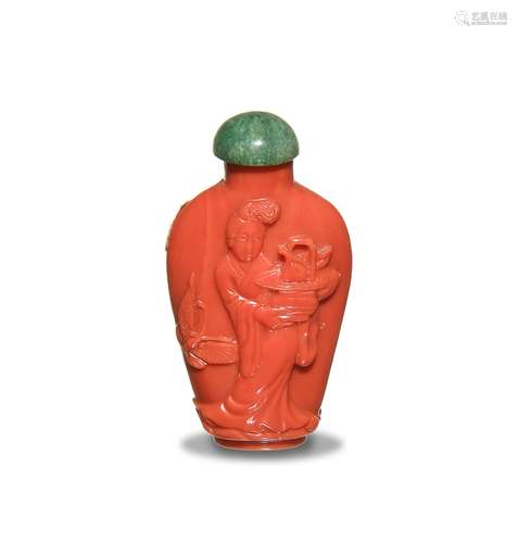 Chinese Coral Snuff Bottle Carved with Women,19th Century十九世紀 珊瑚雕人物鼻煙壺