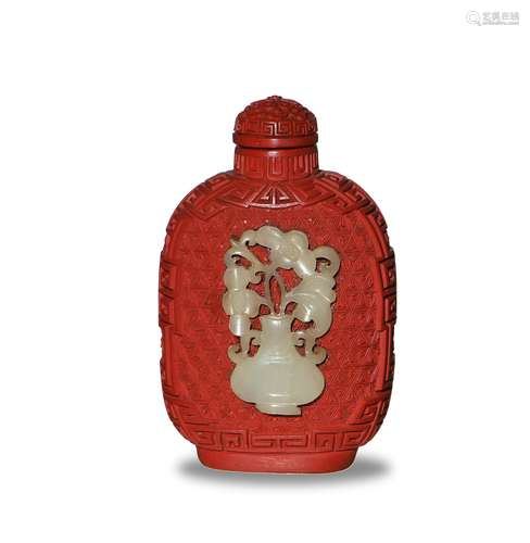 Chinese Cinnabar with Jade Snuff Bottle, Republic民國 剔紅嵌玉鼻煙壺