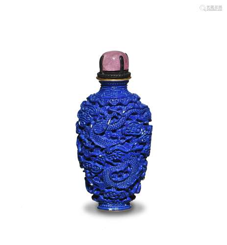 Blue Glazed Craved Snuff Bottle, Early 19th Century十九世紀早 藍釉雕瓷龍鳳紋鼻煙壺