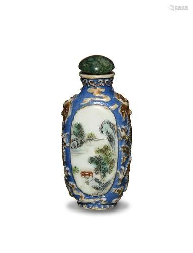 Chinese Famille Rose Snuff Bottle, 18th Century清乾隆 藍底開光粉彩山水人物鼻煙壺