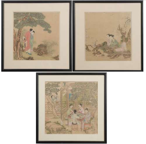 A Group of 3 Chinese Paintings, 18-19th C#18/19世紀 絹本人物鏡框三張