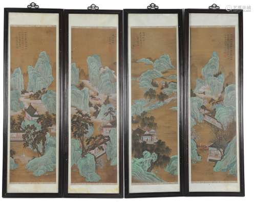 Group of 4 Chinese Paintings on Silk, 18-19th C#十八/十九世紀 絹本青綠山水四條屏