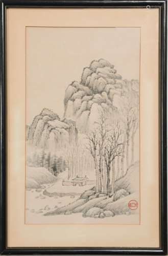 Painting of Mountain Landscape by Qian Junkui錢雋逵 山寺柳樹鏡框
