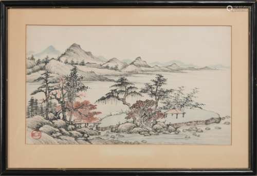 Chinese Autumn Landscape Painting by Qian Junkui錢雋逵 山水鏡框