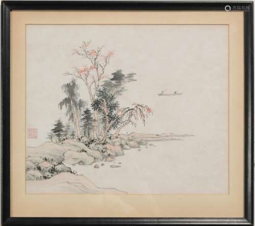 Chinese Landscape Painting by Zheng Mukang鄭慕康 山水鏡框