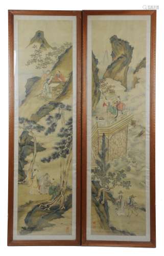 Pair of Chinese Landscapes on Silk, 19th C#19世紀 絹本山水人物鏡框一對