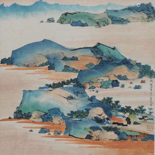 Chinese Painting of Mountain Village, Wang Jiqian王己千 山水立軸