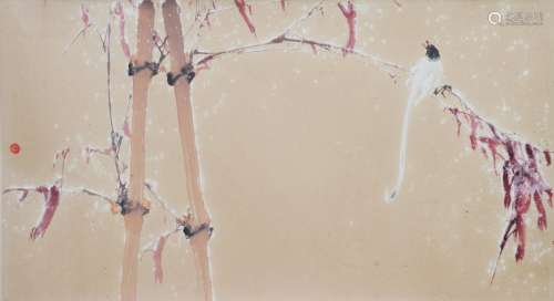 Chinese Painting of Bird in Snow by Zhao Shaoang趙少昂 花鳥橫幅