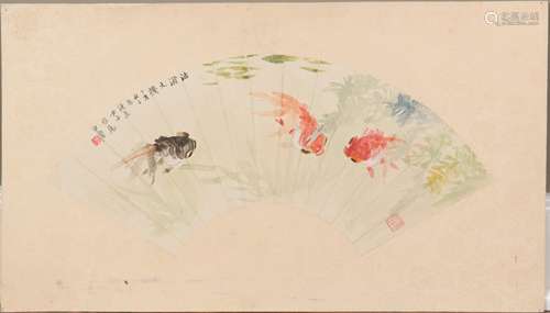 Chinese Fan Painting of Goldfish by Wang Yachen汪亞塵 金魚扇面