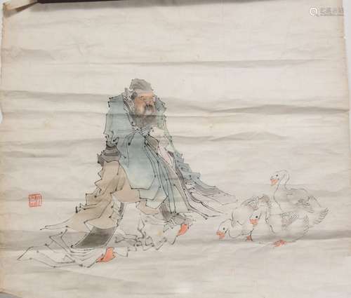 Chinese Painting of Xizhi w/ Geese, Ren Xun任熏 羲之愛鵝鬥方