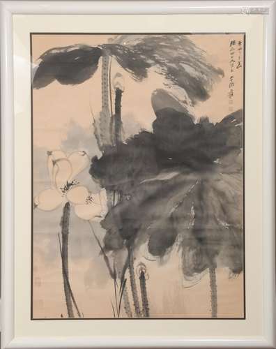 Lotus Painting by Zhang Daqian Given to Qiangli張大千 強立上款荷花鏡框