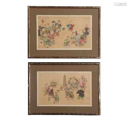 Pair of Chinese Paintings on Silk, 19th C#清晚期 絹本嬰戲圖鏡框一對